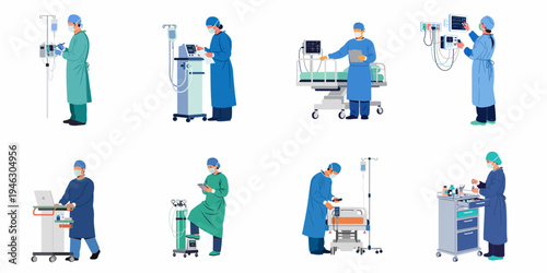 Set of medical professionals in scrubs and masks operating various healthcare equipment and monitors in a hospital setting.