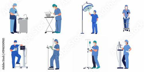 Vector illustration set of healthcare professionals and medical staff in blue scrubs performing various hospital tasks and procedures.
