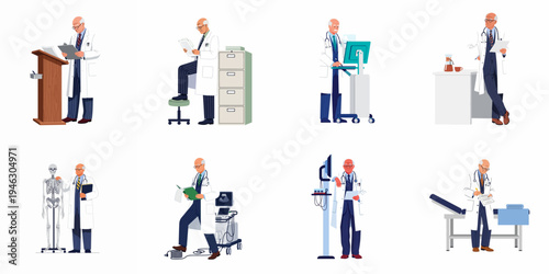 Collection of senior male doctor illustrations in various medical settings, including examining reports, using diagnostic equipment, and working in a clinical environment.