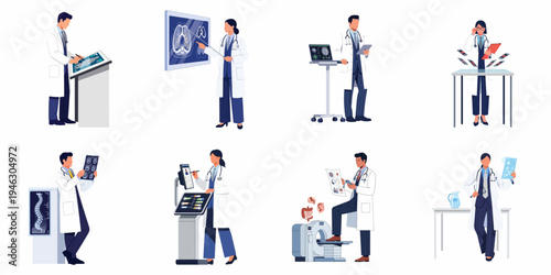Professional doctors in white coats using modern medical technology for healthcare diagnostics, including X-rays, digital screens, and MRI scans.