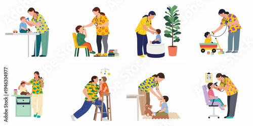 Collection of flat illustrations showing a female pediatrician in colorful scrubs examining young children in various clinical and playful settings.