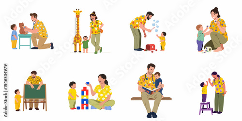 Set of friendly pediatricians and nurses engaging with children through medical checkups, play, and educational activities in a child-friendly clinic environment.