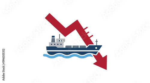 Oil tanker ship and red downward trend arrow, shipping industry decline