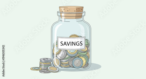 SAVINGS jar filled with colorful coins on light background