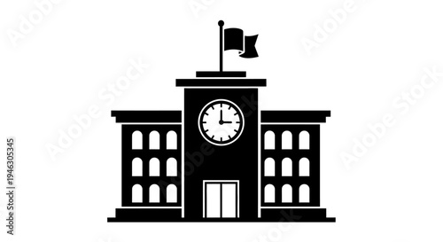 School building icon with clock tower and flag