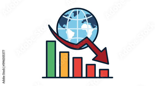Global economic recession: world globe and declining bar chart