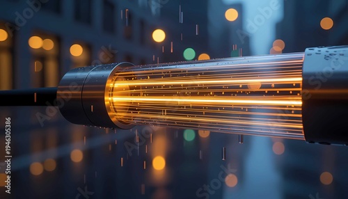 Futuristic fiber optic cable transmitting digital data through high-speed light connection in a modern internet network technology infrastructure