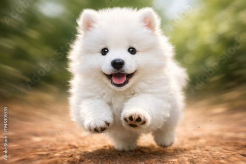 Adorable fluffy white Pomeranian puppy running towards the camera with a happy expression and open mouth, playful pet portrait in motion blur