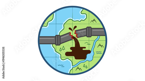 Cracked pipeline spills oil onto a damaged Earth, symbolizing pollution.