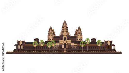 Aerial view of the ancient temple complex of Angkor Wat in Cambodia with multiple towers and trees on a white background.