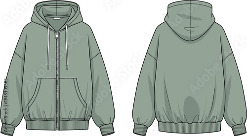 Oversized Sage Green Zip Up Hoodie Vector Template Technical Flat Sketch with Drop Shoulder Ribbed Cuffs and Kangaroo Pocket Detail
