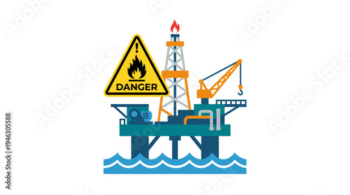 Offshore oil rig with danger sign on ocean waves vector illustration