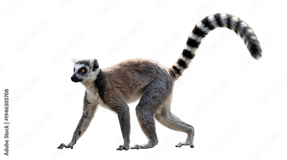 Naklejka premium Ring tailed lemur walking isolated on transparent background – wild primate with striped tail from Madagascar