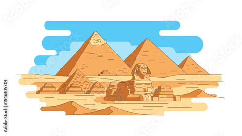 Illustration of the Pyramids of Giza and the Sphinx in a desert landscape with a blue sky.