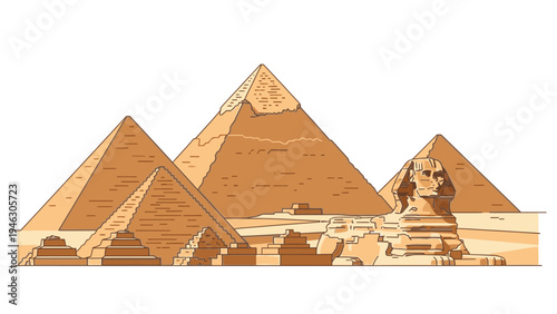 Illustration of the Pyramids of Giza and the Great Sphinx of Giza in a warm, earthy tone against a white background.