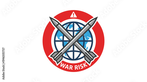 Global war risk icon with crossed missiles and alert symbol