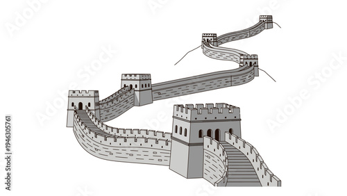 A grayscale illustration of the Great Wall of China featuring watchtowers and stone staircases on a plain white background.