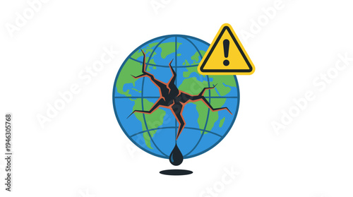 Cracked Earth Globe with Oil Drop and Warning Sign Icon