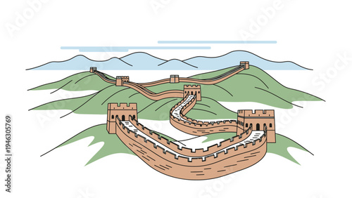 Illustration of the Great Wall of China winding across green mountains with watchtowers, against a backdrop of blue mountains and sky.