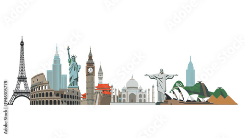 Illustration of famous landmarks from around the world including Eiffel Tower, Statue of Liberty, Big Ben, Christ the Redeemer, and more on a white background.