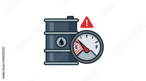 Oil barrel and fuel gauge indicating low level with warning sign