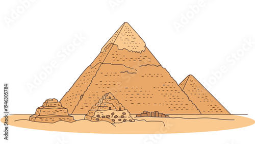 Illustration of the Pyramids of Giza in Egypt with smaller structures in the foreground against a white background.
