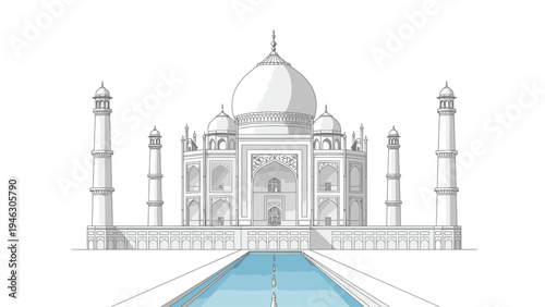 Illustration of the Taj Mahal with a reflecting pool in front, depicted in a monochromatic style against a white background.