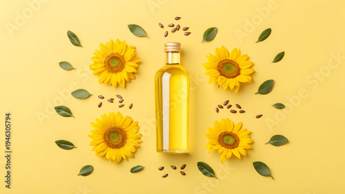 Glass bottle of sunflower oil surrounded by sunflowers and seeds on yellow background