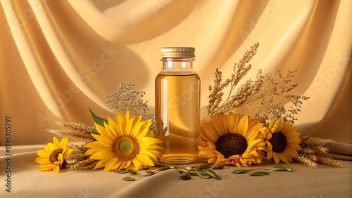 Glass bottle of sunflower oil surrounded by sunflowers and wheat in warm tones yellow flowers