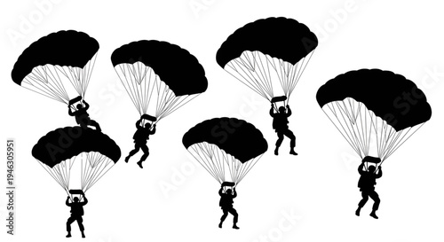 Silhouette of Paratroopers Descending with Parachutes