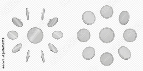 Silver coins set with blank surface, metal money in different angles, isolated on transparent background.