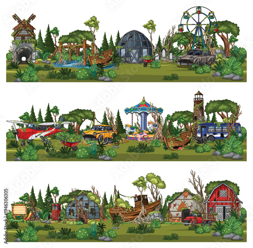 Abandoned Amusement Park and Vehicles in Overgrown Forest Landscape