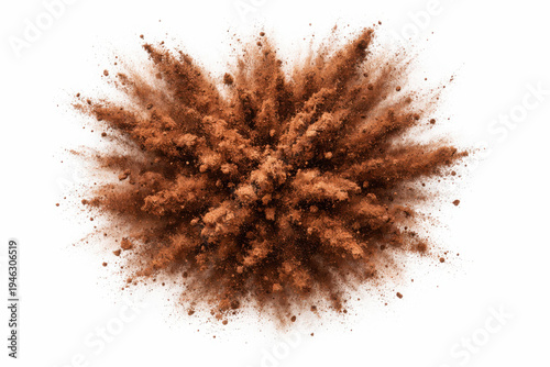 Dynamic explosion of brown cocoa powder or coffee powder isolated on a clean white background, perfect for food and beverage marketing visuals