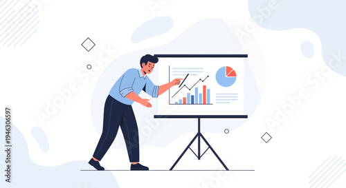 Man presenting business growth chart and pie chart on whiteboard