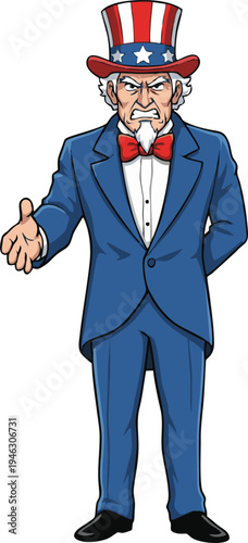 Obraz na plátně Uncle Sam Cartoon Character with Angry Expression Extending Hand for Patriotic A