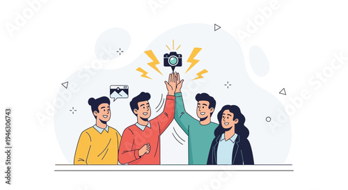 Teamwork and Success: Diverse People Celebrate with Camera Icon and High Fives