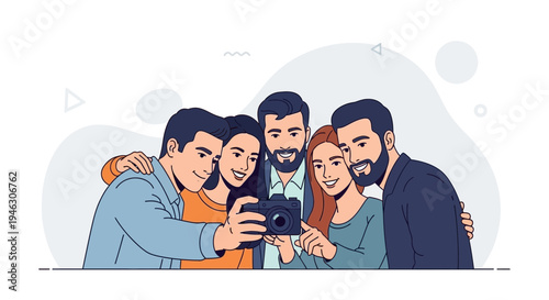 Group of friends taking a selfie with a camera, smiling and happy
