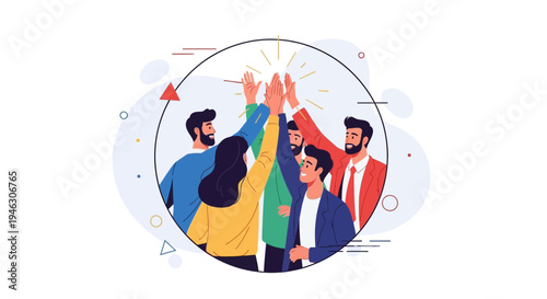 Diverse team celebrating success with high fives and teamwork, illustration