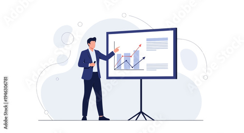 Man presenting business growth chart on whiteboard, successful presentation concept