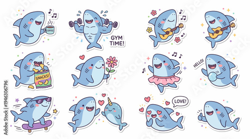 Cute Kawaii Shark Sticker Set Cartoon Funny Sea Animal Character Collection