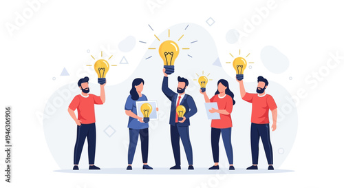 Teamwork and Innovation: Diverse people holding bright idea light bulbs
