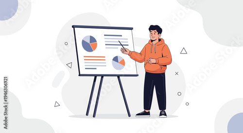 Man presenting business charts on a whiteboard, business presentation, marketing strategy