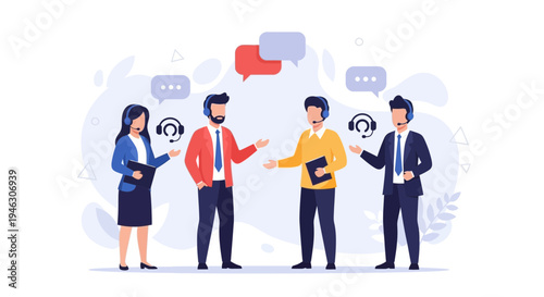 Customer service team with headsets and speech bubbles, communication concept