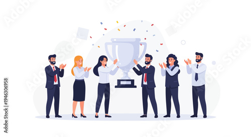 Business Team Celebrating Success with Trophy and Confetti