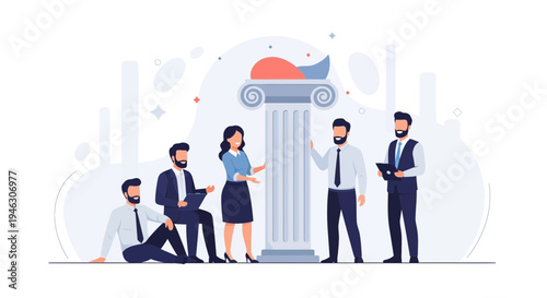 Business Team Discussing Strategy Around a Classical Pillar