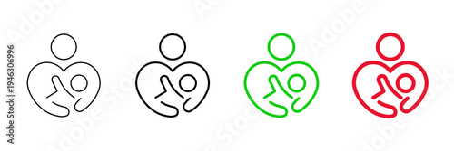 Set of minimalist breastfeeding icons with transparent background, depicting maternal care, child protection, newborn nutrition, and loving support, vector illustration