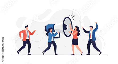 Teamwork Announcement: People with Megaphone Spreading Message, Business Communication Concept