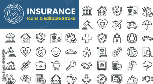 Approved insurance icons collection with editable stroke, health, travel, property, vehicle, financial, legal, and life protection symbols for web, app, and business design