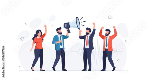 Protestors with Megaphone and Raised Fists, Rallying for a Cause