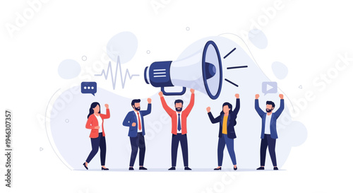Team with Megaphone Announcing Success, Business Promotion, Marketing Campaign